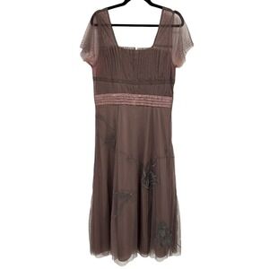 Nataya Dusty Rose Mesh Midi Dress L Romantic Embroidered Flutter Sleeve